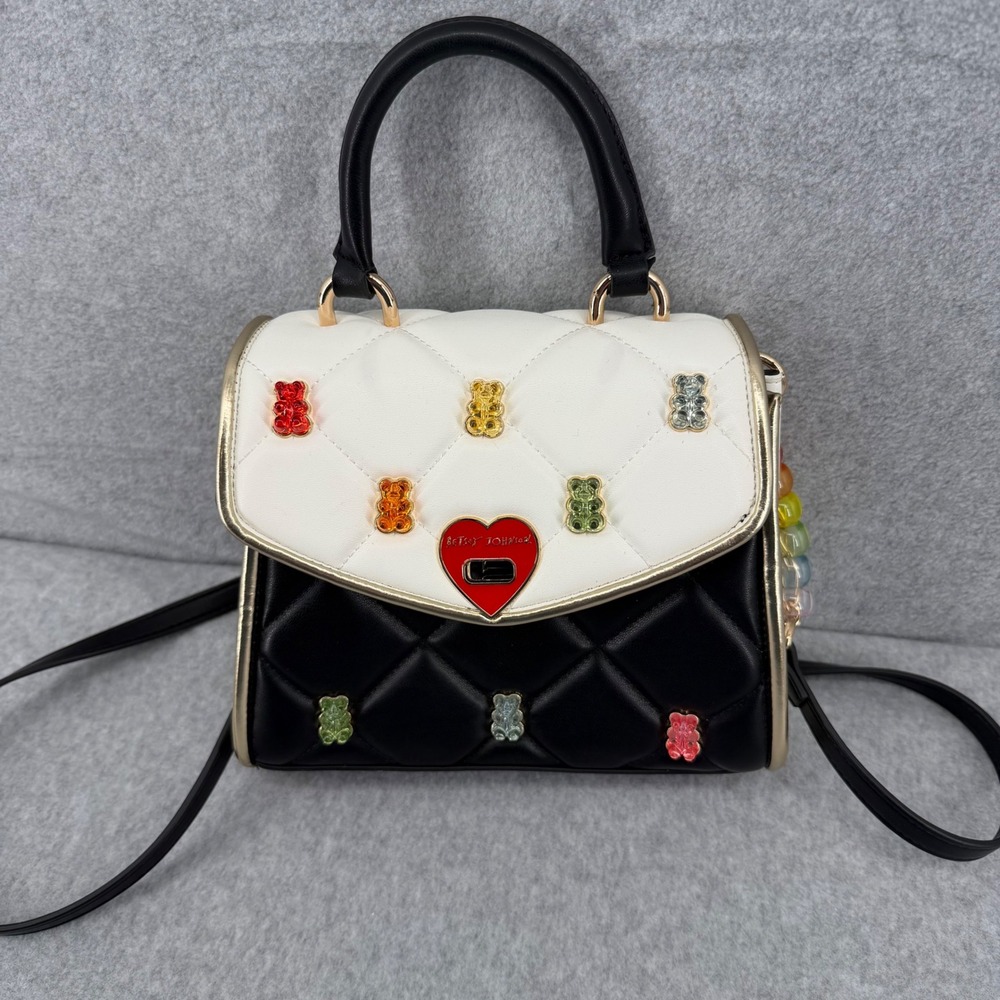 Betsey Johnson Gummy Bear Quilted Satchel Crossbody Bag Black White Rainbow Hear - Picture 10 of 13